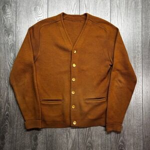 Vintage 1970s Knit Cardigan Sweater Rust Brown Button Front Knit V-Neck Pockets